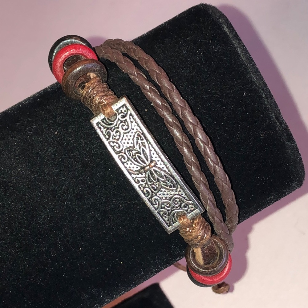 Brown Braided Faux Leather Bracelet with Floral Metal Plate